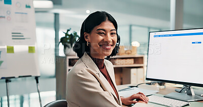 Buy stock photo Portrait, woman and screen at call centre with computer, script and customer service for finance. Smile, advisor or consultant in office with pc, billing inquiry and account balance for financial crm