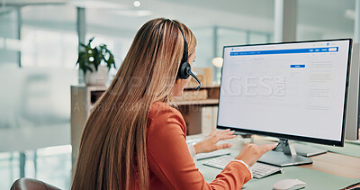 Buy stock photo Corporate, woman and screen at call centre with computer, script and customer service for finance. Person, advisor and talking in office with pc, billing inquiry and account balance for financial crm