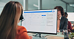 Business, woman and screen at call centre with computer, script and customer service for finance. Back, advisor and coworking in office with pc, billing inquiry and account balance for financial crm