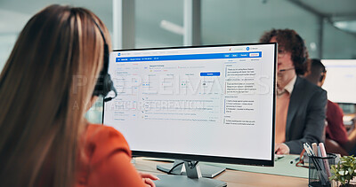 Buy stock photo Business, woman and screen at call centre with computer, script and customer service for finance. Back, advisor and coworking in office with pc, billing inquiry and account balance for financial crm