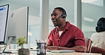 Smile, business and man at call centre with computer, script and customer service for finance. Advisor, reading and coworking in office with pc, billing inquiry and account balance for financial crm