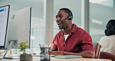 Buy stock photo Smile, business and man at call centre with computer, script and customer service for finance. Advisor, reading and coworking in office with pc, billing inquiry and account balance for financial crm