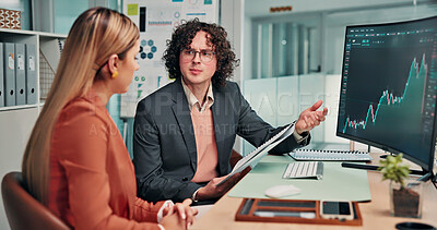Buy stock photo Finance, meeting and business people with computer screen for stock market, decision and investment. Talking, team and workers on pc with graph for financial report, profit growth and risk assessment