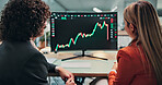 Finance, graph and people with computer screen for stock market, trading analysis and investment. Back, business and workers on pc with chart for financial report, profit growth and risk assessment