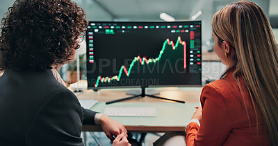 Buy stock photo Finance, graph and people with computer screen for stock market, trading analysis and investment. Back, business and workers on pc with chart for financial report, profit growth and risk assessment