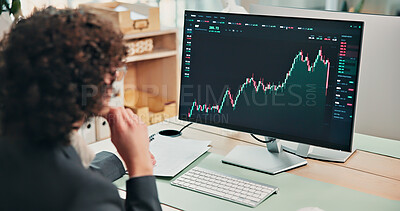 Buy stock photo Thinking, chart and man with computer screen for finance review, investment analysis and trading. Office, planning and person on pc with fintech analytics for stock market, report and risk assessment