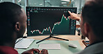 Finance, chart and men pointing to computer screen for stock market, trading analytics and investment. Back, team and people on pc with graph for financial report, profit growth and risk assessment