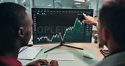 Buy stock photo Finance, chart and men pointing to computer screen for stock market, trading analytics and investment. Back, team and people on pc with graph for financial report, profit growth and risk assessment