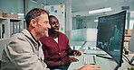 Finance, chart and business men with computer screen for stock market, trading review and investment. Happy, team and people on pc with graph for financial report, profit growth and risk assessment