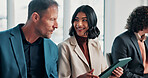 Recruitment, waiting room and happy people with tablet, talk and question preparation with research. Company, job interview and candidates with tech, discussion and planning for hiring assessment