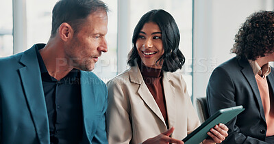 Buy stock photo Recruitment, waiting room and happy people with tablet, talk and question preparation with research. Company, job interview and candidates with tech, discussion and planning for hiring assessment