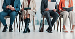 Recruitment, legs and hands with technology in waiting room, paperwork or research for job interview. Business, vacancy and people with documents, onboarding and plan for hiring assessment with info