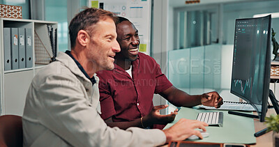 Buy stock photo Happy, computer and business men for investment, stock exchange and financial review in office. Manager, meeting and man on pc with fintech analysis for risk assessment, budget and trading report