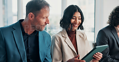 Buy stock photo Job interview, waiting room and people with tablet, laughing and question preparation with research. Company, recruitment and happy candidates with tech, discussion and planning for hiring assessment