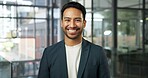 Happy, portrait and business man in office for finance consultant, about us and risk assessment job. Corporate, professional and person with confidence for financial career, opportunity and ambition