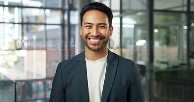 Buy stock photo Happy, portrait and business man in office for finance consultant, about us and risk assessment job. Corporate, professional and person with confidence for financial career, opportunity and ambition