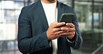 Hands, typing and employee with phone in business, real estate or communication with contact on app. Office, realtor and person with mobile, texting and property marketing on social media and web