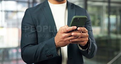Buy stock photo Hands, typing and employee with phone in business, real estate or communication with contact on app. Office, realtor and person with mobile, texting and property marketing on social media and web