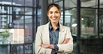 Happy, portrait and business woman in office for finance consultant, about us and investment advisor. Corporate, professional and person with crossed arms for financial career, opportunity and pride