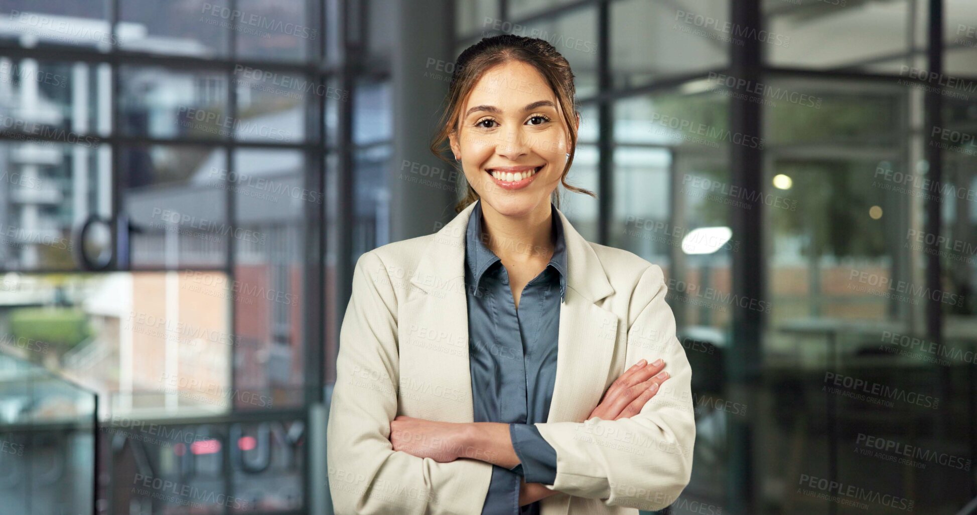 Buy stock photo Happy, portrait and business woman in office for finance consultant, about us and investment advisor. Corporate, professional and person with crossed arms for financial career, opportunity and pride