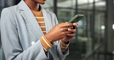 Buy stock photo Hands, message and employee with phone in office, real estate and communication with contact on app. Business, realtor and person with mobile, texting and property marketing on social media and web