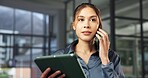 Tablet, business and woman with phone call, finance advice and update for investment client. Professional, tech and person on cellphone for communication, contact and chat for financial consulting