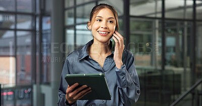 Buy stock photo Tablet, office and business woman with phone call, finance advice or good news for investment client. Happy, tech and person on cellphone for communication, contact or chat for financial consulting