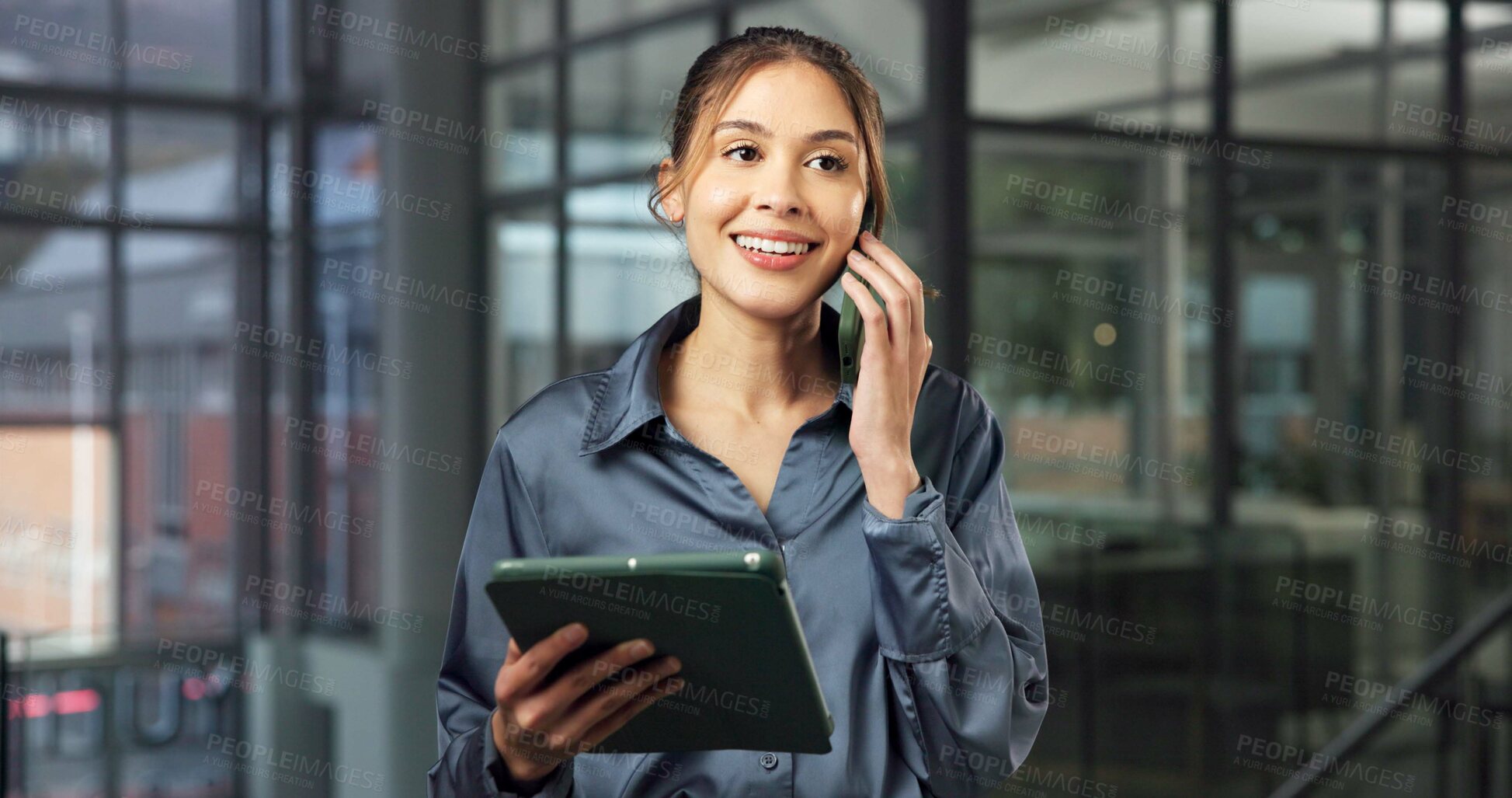 Buy stock photo Tablet, office and business woman with phone call, finance advice or good news for investment client. Happy, tech and person on cellphone for communication, contact or chat for financial consulting