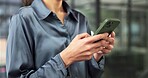 Hands, texting and employee with phone in office, real estate and communication with contact on app. Business, realtor and person with mobile, online and property marketing on social media or web
