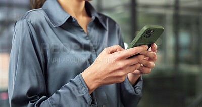 Buy stock photo Hands, texting and employee with phone in office, real estate and communication with contact on app. Business, realtor and person with mobile, online and property marketing on social media or web