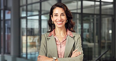 Buy stock photo Happy, portrait and business woman with crossed arms for finance consultant, about us and pride. Corporate, mature and person with confidence for financial career, opportunity and investment advisor