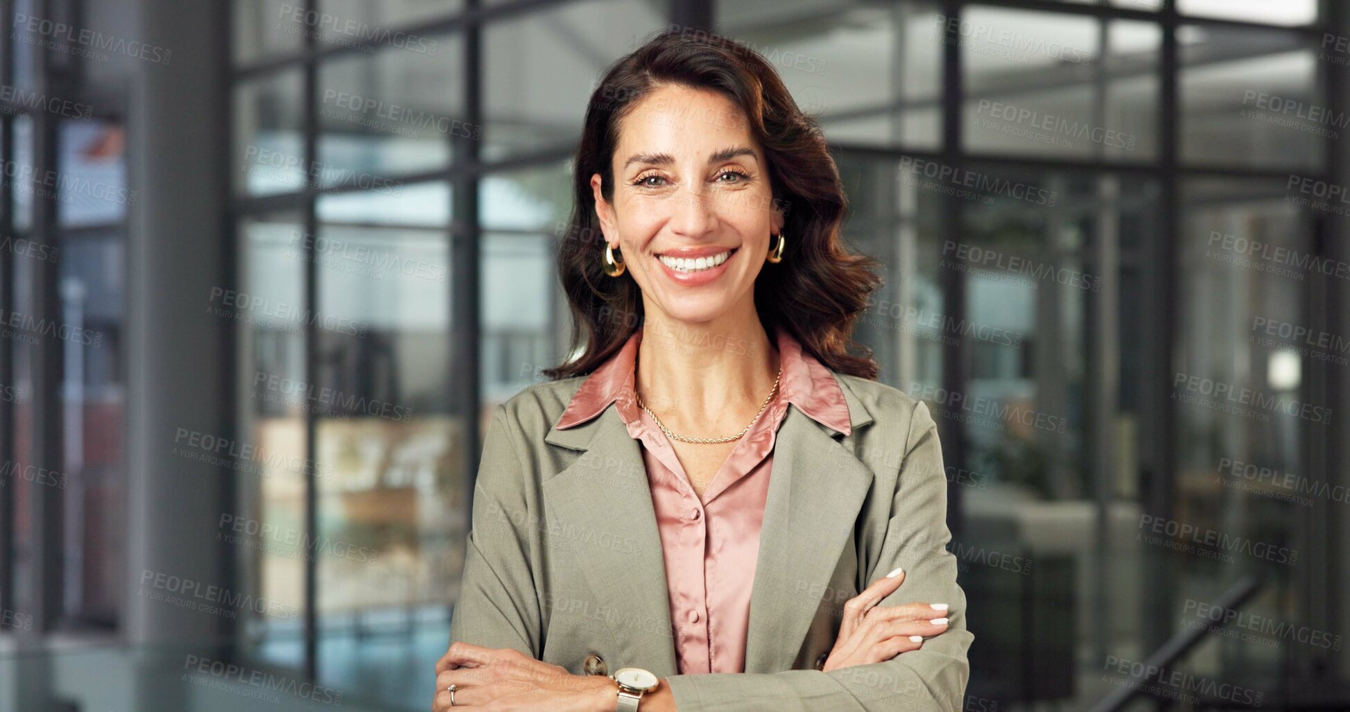 Buy stock photo Happy, portrait and business woman with crossed arms for finance consultant, about us and pride. Corporate, mature and person with confidence for financial career, opportunity and investment advisor
