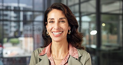 Buy stock photo Happy, portrait and business woman in office for real estate, about us and property development. Corporate, smile and mature person with confidence for realtor career, lease consultant and pride
