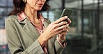 Hands, message and businesswoman with phone in business, real estate and communication with contact. Office, realtor and mature person with mobile, texting and property marketing on social media app