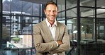 Happy, portrait and businessman in office for finance consultant, about us and investment advisor. Corporate, professional and mature person with crossed arms for financial career, ambition and pride