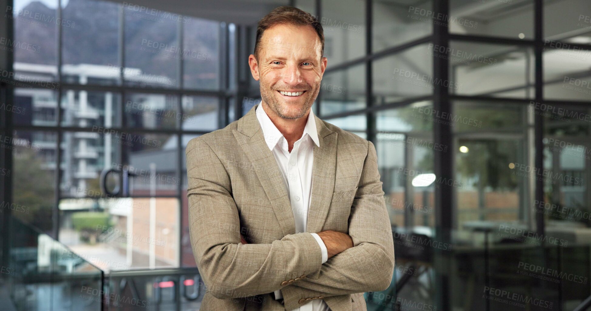 Buy stock photo Happy, portrait and businessman in office for finance consultant, about us and investment advisor. Corporate, professional and mature person with crossed arms for financial career, ambition and pride