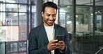 Happy man, chat and employee with phone in office, real estate or communication with contact on app. Business, realtor and person with mobile, texting and property marketing on social media and web