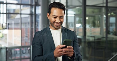 Buy stock photo Happy man, chat and employee with phone in office, real estate or communication with contact on app. Business, realtor and person with mobile, texting and property marketing on social media and web