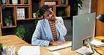 Burnout, neck pain and business woman in office with pressure, crisis and stress for brand project. Creative, computer and African person with tension, strain and fatigue for advertising agency