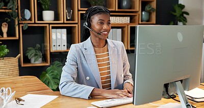 Buy stock photo Typing, telemarketing and woman in call center with computer, lead generation or outbound marketing. Smile, sales consultant and black person with tech in office for telesales, telecom or cold email