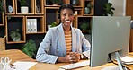 Headset, portrait and business woman in office for financial advice, online consulting and contact us. Happy, smile and African person on computer for virtual assistance, investment and loan support