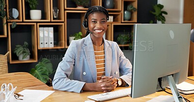 Buy stock photo Headset, portrait and business woman in office for financial advice, online consulting and contact us. Happy, smile and African person on computer for virtual assistance, investment and loan support