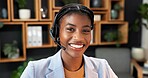 Happy, portrait and business woman with headset for financial advice, online consulting and contact us. Office, smile and African person with pride for virtual assistance, investment and loan support
