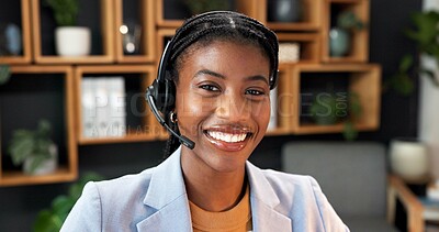 Buy stock photo Happy, portrait and business woman with headset for financial advice, online consulting and contact us. Office, smile and African person with pride for virtual assistance, investment and loan support