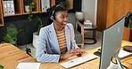 Smile, telemarketing and woman in call center with computer, lead generation or outbound marketing. Happy, sales consultant and black person with tech in office for telesales, telecom or cold email