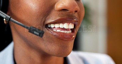 Buy stock photo Headset, office and mouth of business woman for financial advice, online consulting and contact us. Happy, talking and person on computer for virtual assistance, investment options and loan support