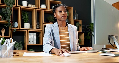 Buy stock photo Business, black woman and realtor in office with computer, research and email for viewing schedule. Person, typing or review in workplace with pc, buyer inquiry and pricing property for auction offer