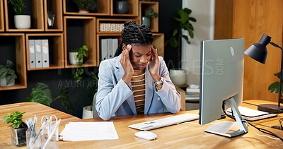 Buy stock photo Stress, headache and business woman in office with pressure, crisis and overworked for advertising. Creative agency, computer and person with migraine, pain and fatigue for brand management career