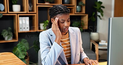 Buy stock photo Massage, headache and business woman in office with pressure, crisis and overworked for advertising. Creative, computer and African person with migraine, pain and fatigue for brand management career