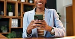 Hands, smile and business woman in office with phone for social media, communication or typing. Happy person, financial advisor and tech for accounting, mobile app and texting with message to contact